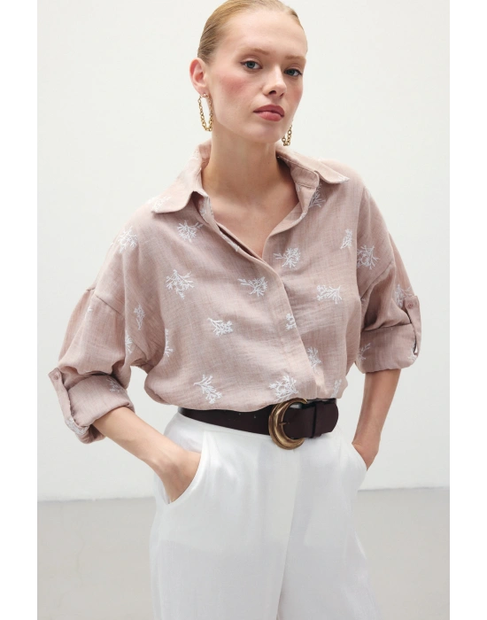 Salaş Nakışlı Gömlek - Pudra