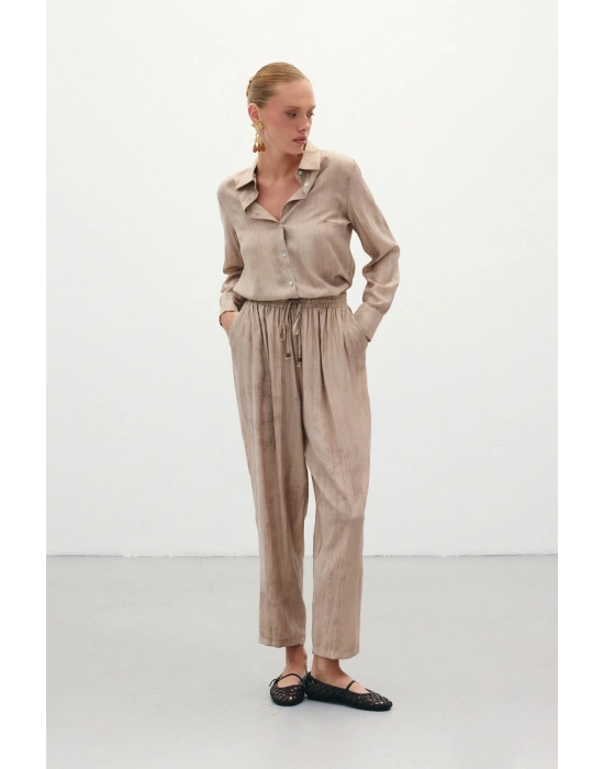 Batık Desenli Pantolon - Bej