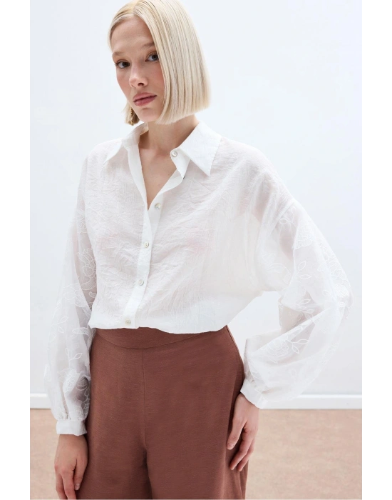 Nakış Detaylı Kraşlı Gömlek - Ekru