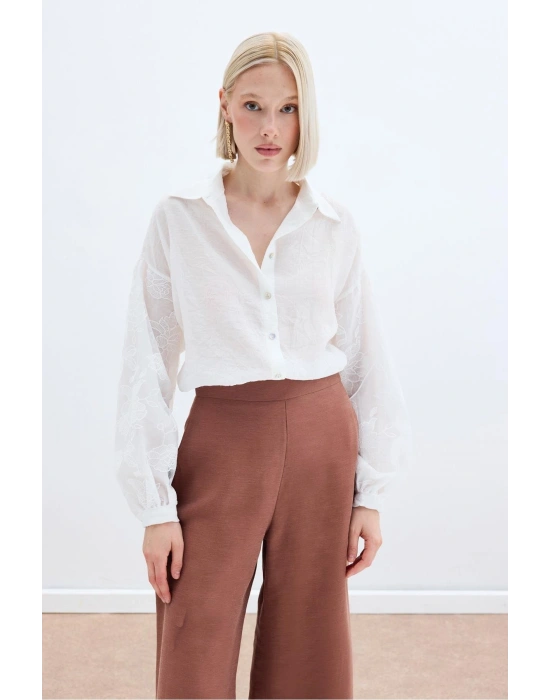 Nakış Detaylı Kraşlı Gömlek - Ekru