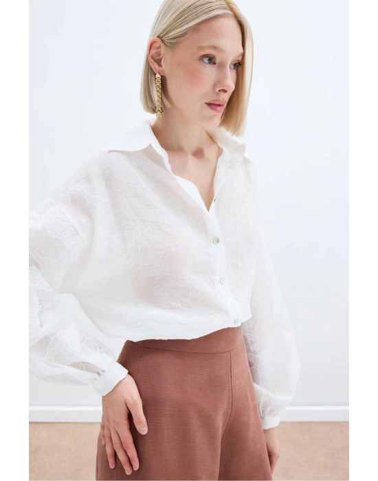 Nakış Detaylı Kraşlı Gömlek - Ekru