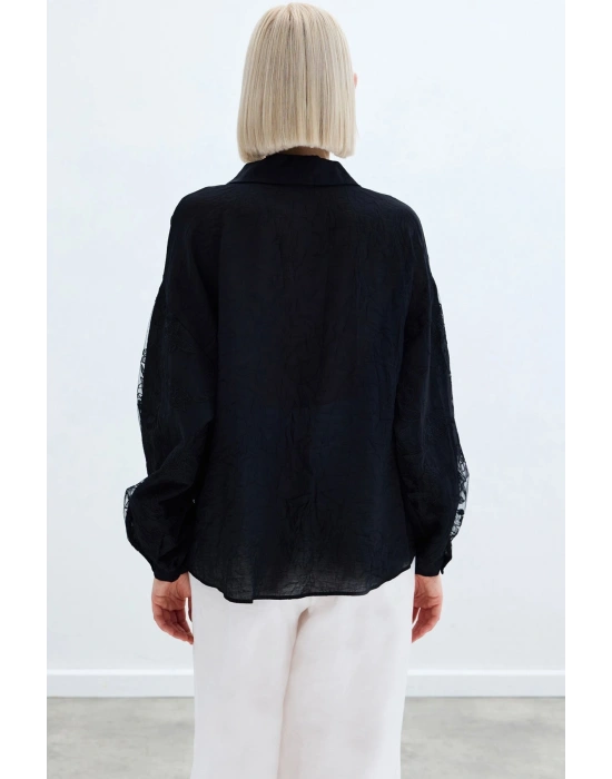 Nakış Detaylı Kraşlı Gömlek - Siyah