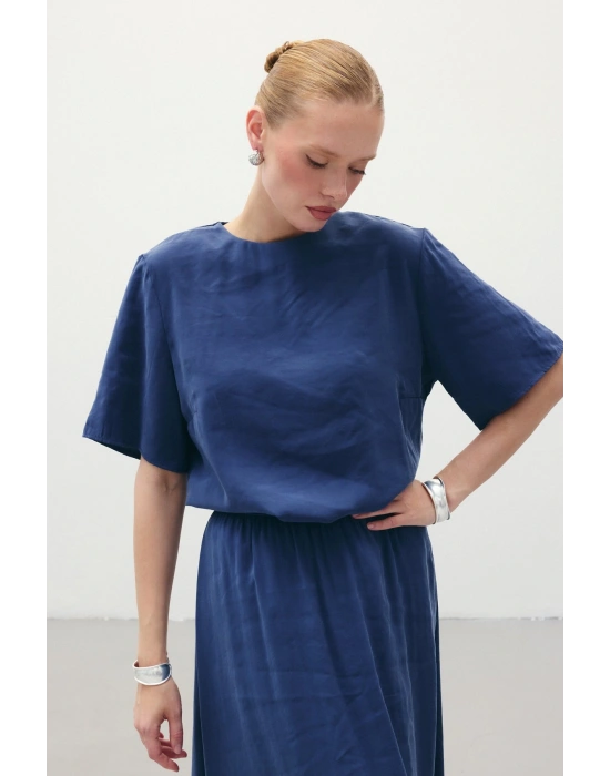 Kısa Kollu Salaş Bluz - İndigo