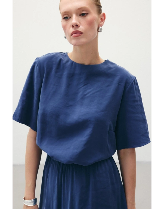Kısa Kollu Salaş Bluz - İndigo