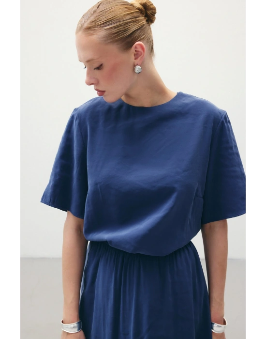 Kısa Kollu Salaş Bluz - İndigo