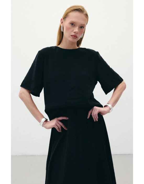 Kısa Kollu Salaş Bluz - Siyah