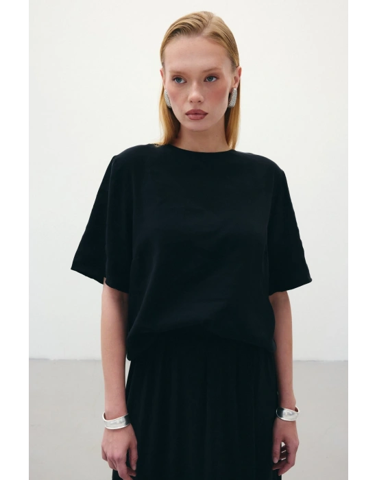 Kısa Kollu Salaş Bluz - Siyah