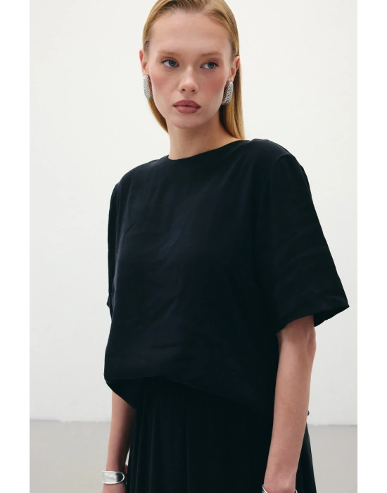 Kısa Kollu Salaş Bluz - Siyah