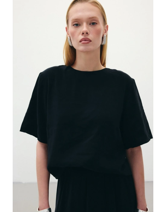 Kısa Kollu Salaş Bluz - Siyah