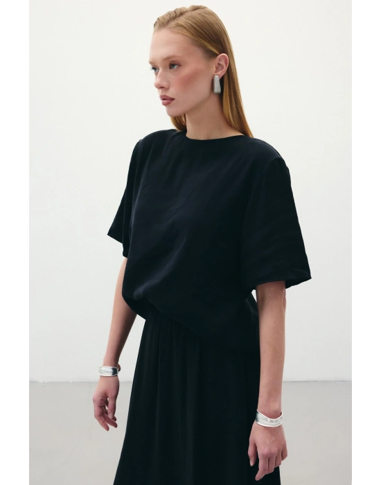 Kısa Kollu Salaş Bluz - Siyah