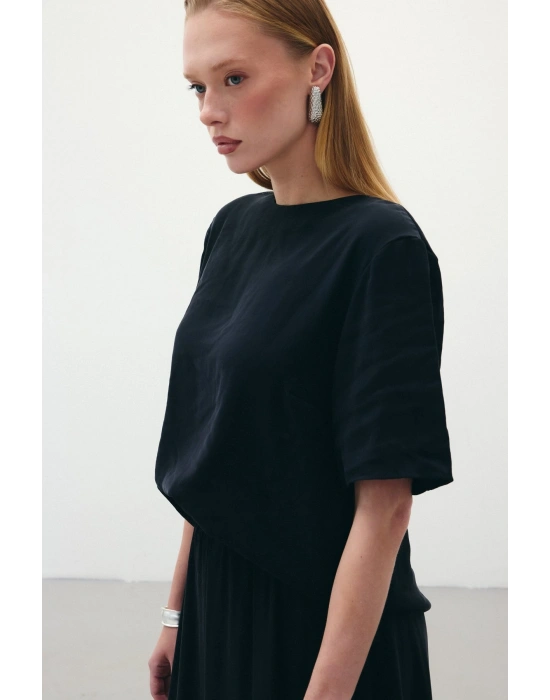 Kısa Kollu Salaş Bluz - Siyah