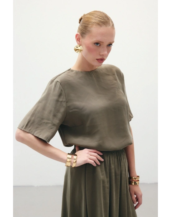 Kısa Kollu Salaş Bluz - Haki