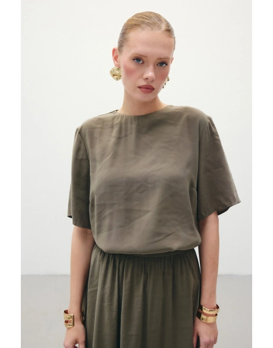 Kısa Kollu Salaş Bluz - Haki