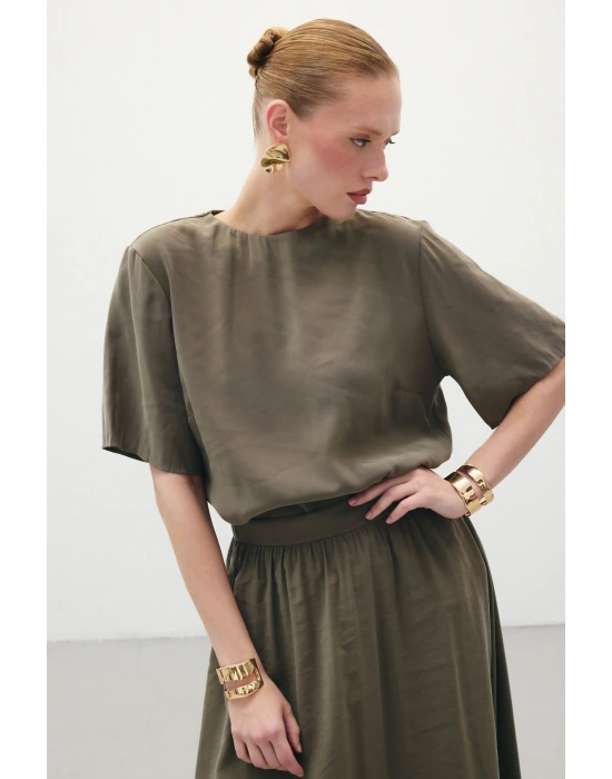 Kısa Kollu Salaş Bluz - Haki