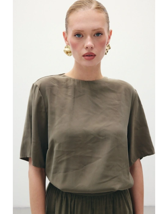Kısa Kollu Salaş Bluz - Haki