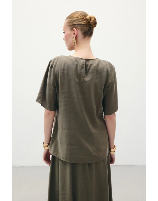 Kısa Kollu Salaş Bluz - Haki