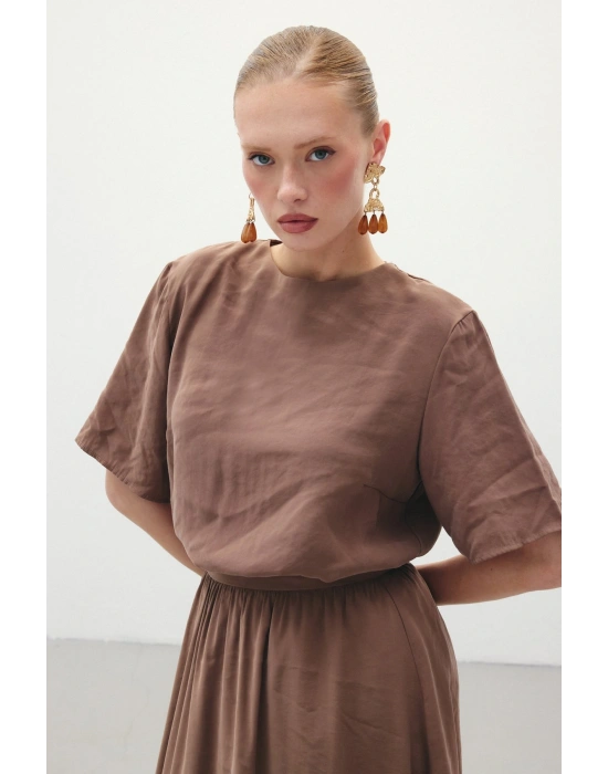 Kısa Kollu Salaş Bluz - Kahve