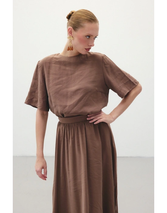 Kısa Kollu Salaş Bluz - Kahve