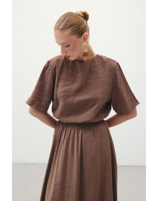 Kısa Kollu Salaş Bluz - Kahve