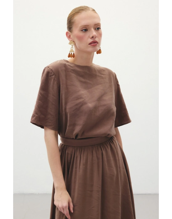 Kısa Kollu Salaş Bluz - Kahve