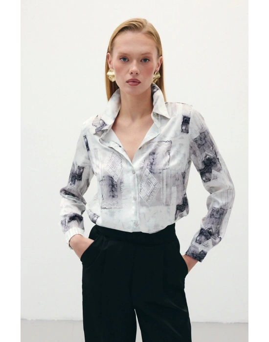 Desenli Klasik Gömlek - Bej