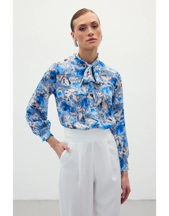 Desenli Fular Yaka Gömlek - Mavi