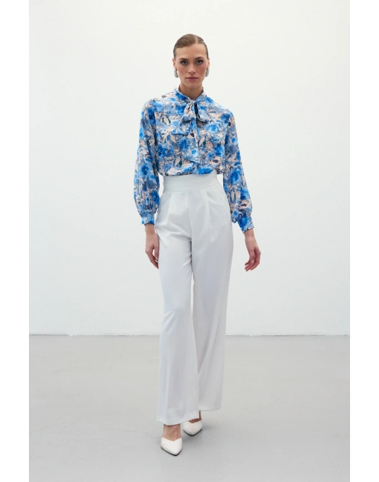 Desenli Fular Yaka Gömlek - Mavi