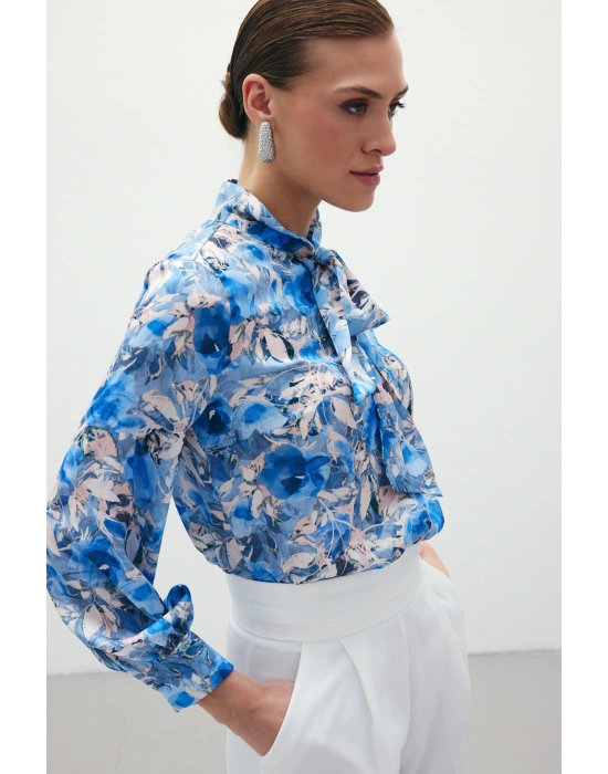 Desenli Fular Yaka Gömlek - Mavi