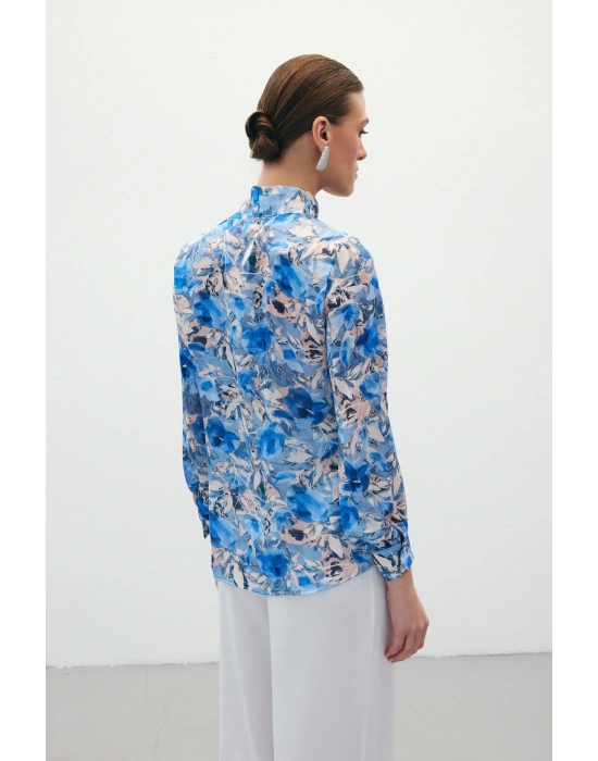Desenli Fular Yaka Gömlek - Mavi