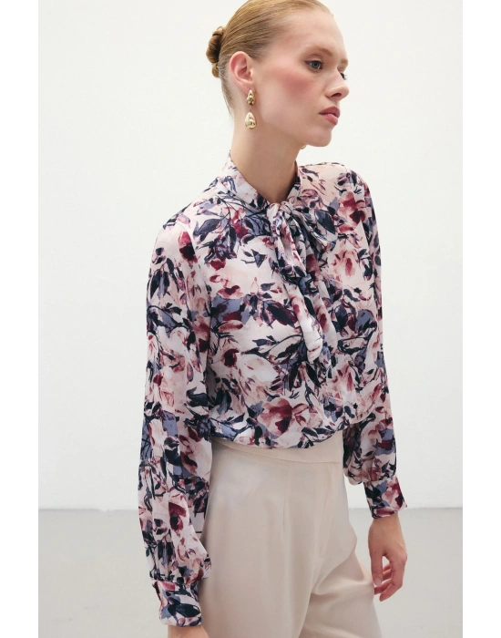 Desenli Fular Yaka Gömlek - Bordo