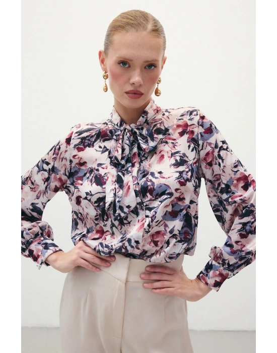 Desenli Fular Yaka Gömlek - Bordo