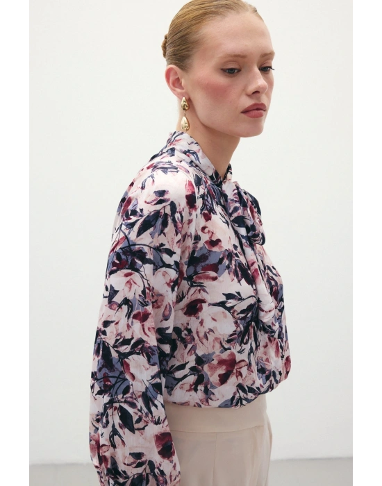 Desenli Fular Yaka Gömlek - Bordo