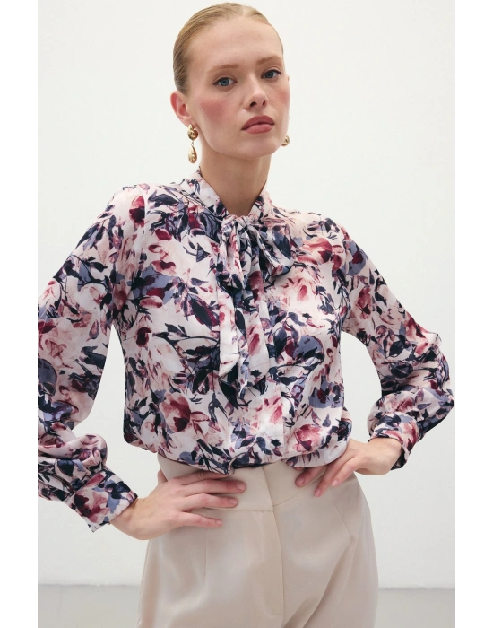 Desenli Fular Yaka Gömlek - Bordo