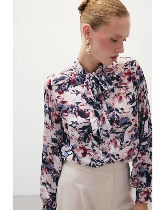 Desenli Fular Yaka Gömlek - Bordo