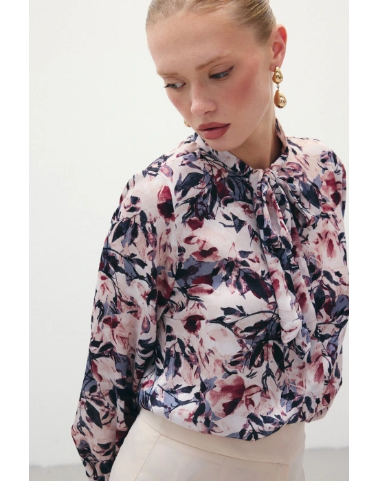 Desenli Fular Yaka Gömlek - Bordo