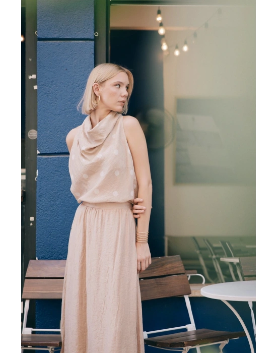 Kolsuz Puantiye Desenli Bluz - Pudra