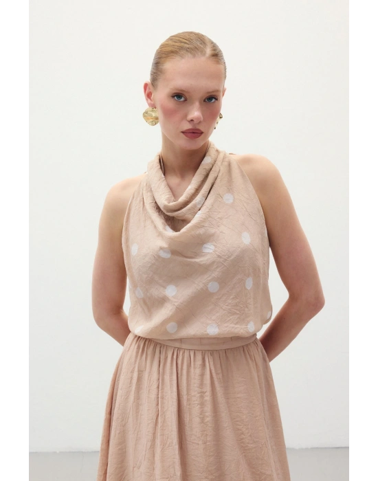 Kolsuz Puantiye Desenli Bluz - Pudra