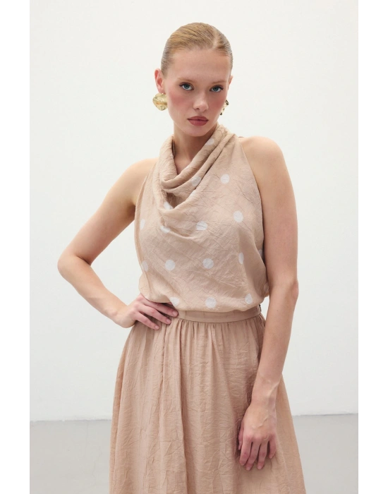 Kolsuz Puantiye Desenli Bluz - Pudra