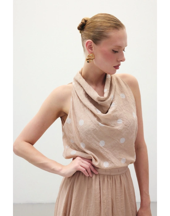 Kolsuz Puantiye Desenli Bluz - Pudra