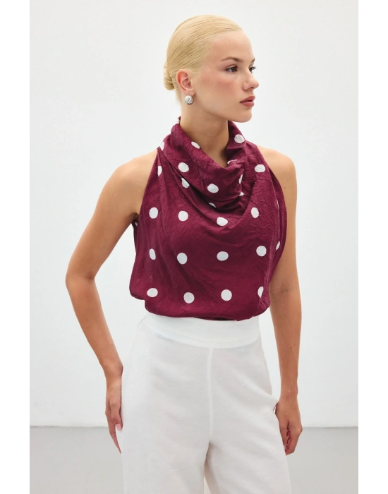 Kolsuz Puantiye Desenli Bluz - Bordo