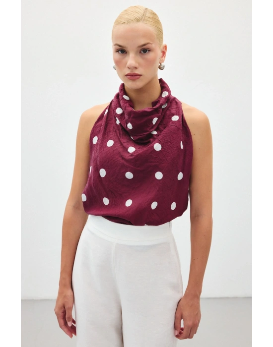 Kolsuz Puantiye Desenli Bluz - Bordo