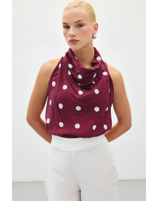 Kolsuz Puantiye Desenli Bluz - Bordo