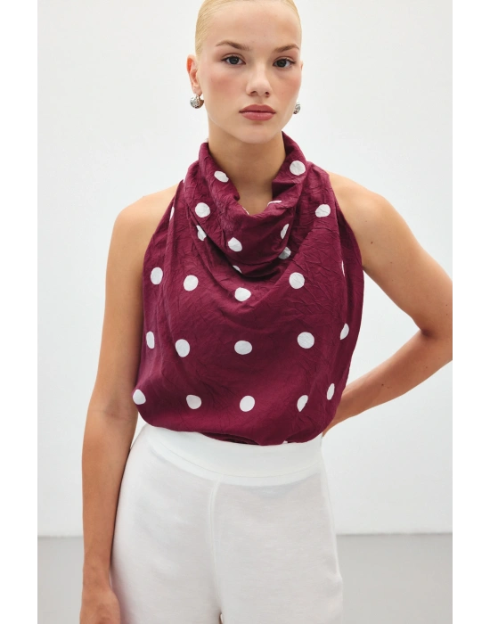 Kolsuz Puantiye Desenli Bluz - Bordo