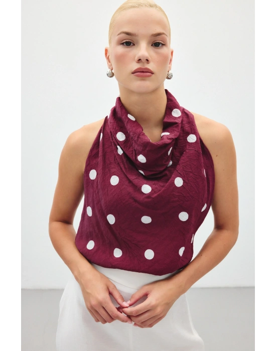 Kolsuz Puantiye Desenli Bluz - Bordo