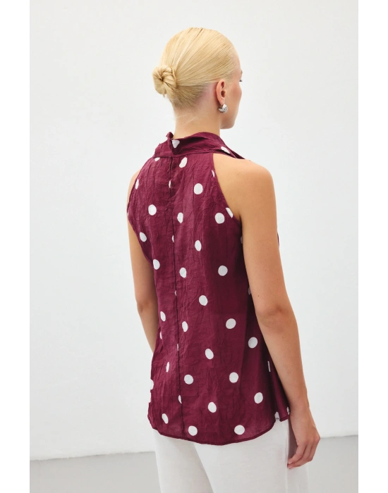 Kolsuz Puantiye Desenli Bluz - Bordo