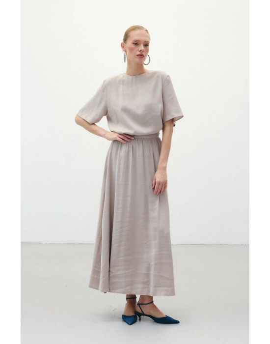 Yırtmaçlı Uzun Etek - Taş