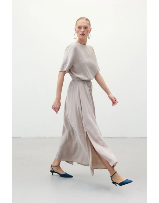 Yırtmaçlı Uzun Etek - Taş