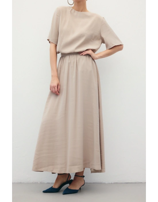 Yırtmaçlı Uzun Etek - Taş