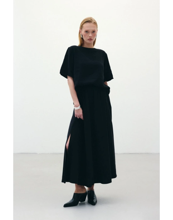 Yırtmaçlı Uzun Etek - Siyah