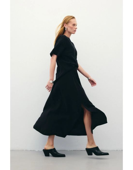 Yırtmaçlı Uzun Etek - Siyah